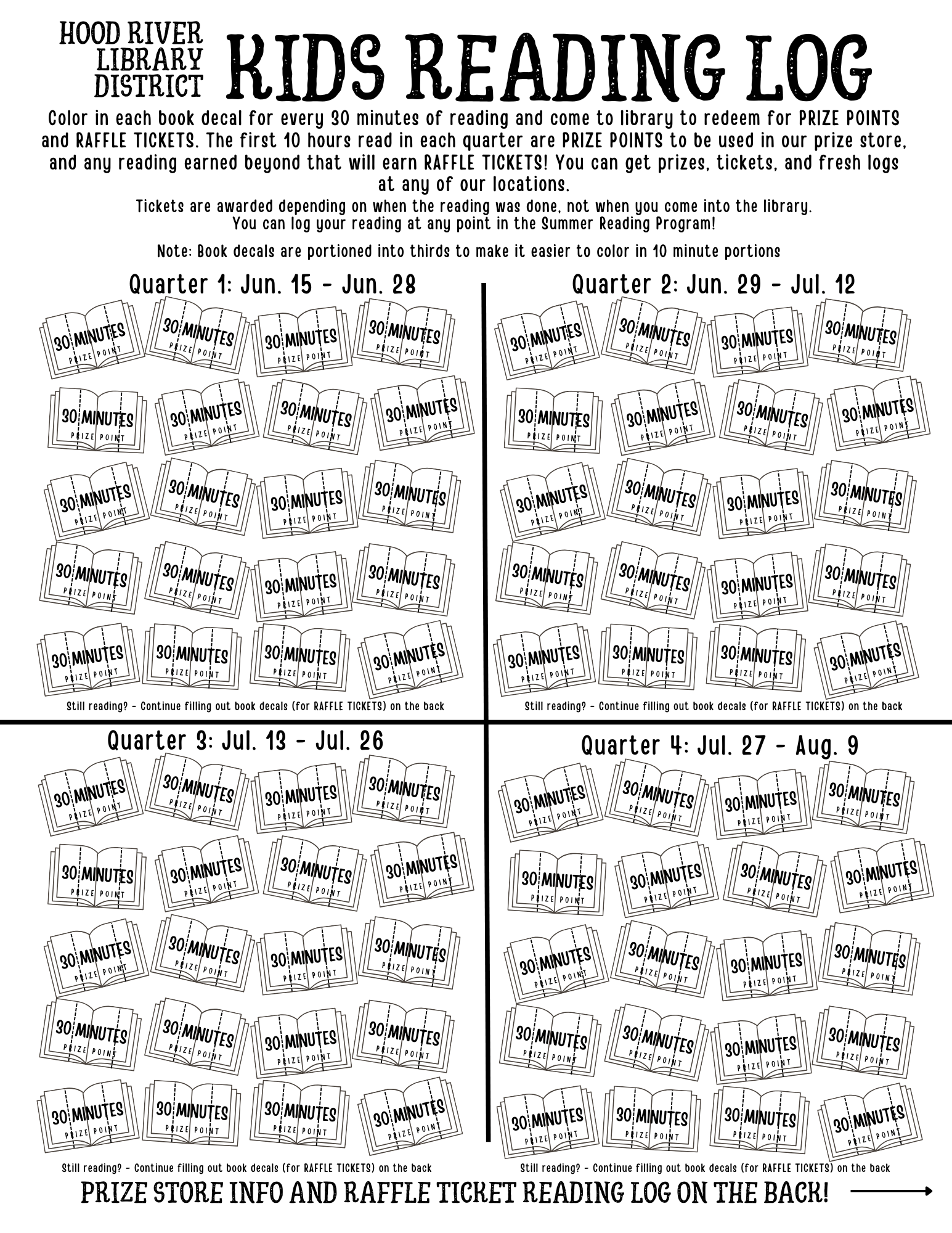 Black and white open books on a grid. Text: Kids Reading Log. Plus instructional text.