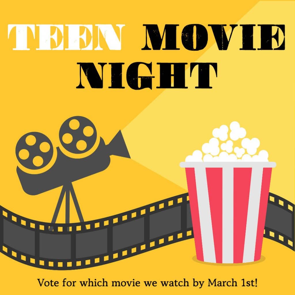 image of old fashioned projector and popcorn with the words "Teen Movie Night" 