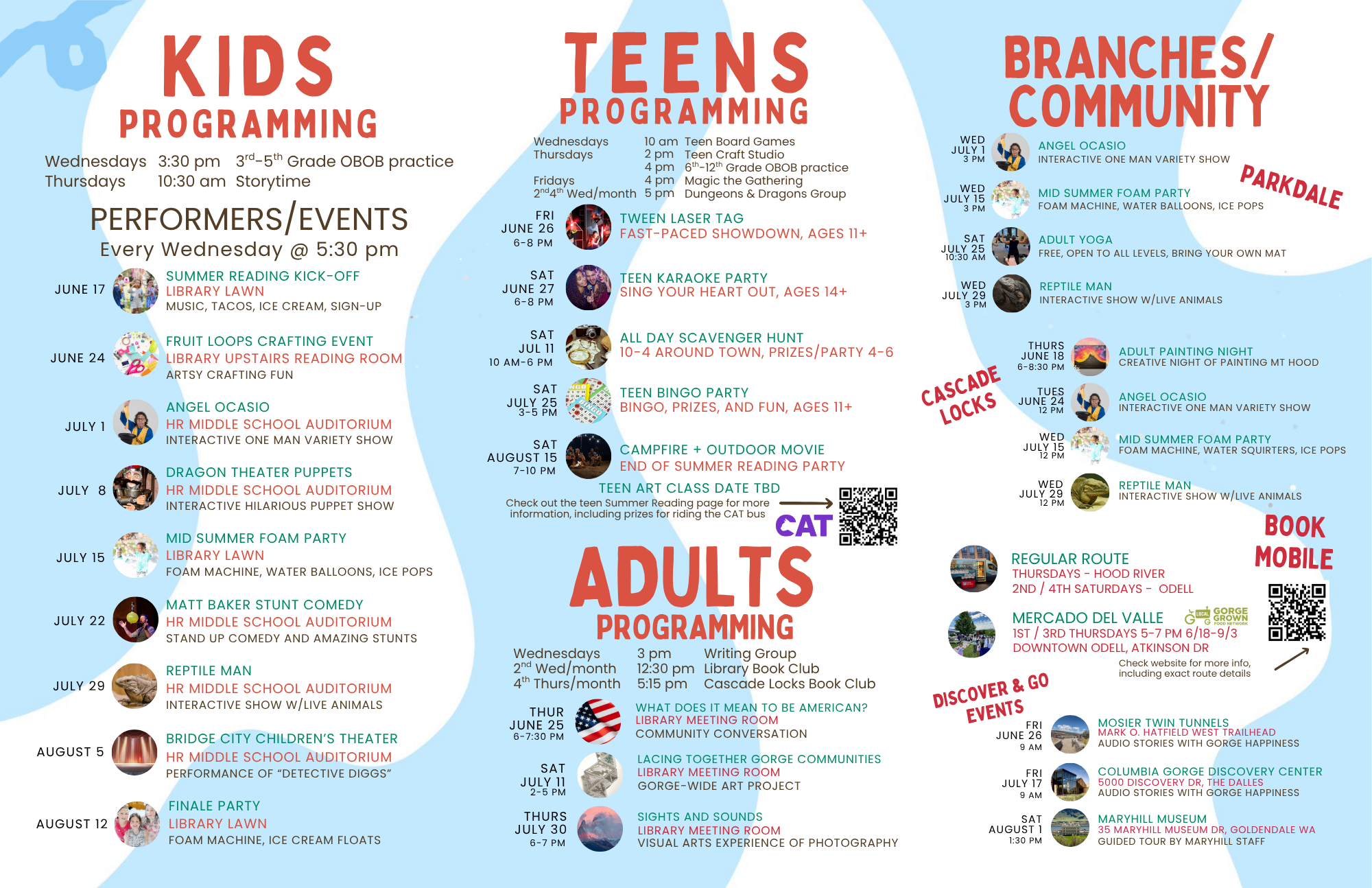 Text of Summer Reading Schedule on blue background.